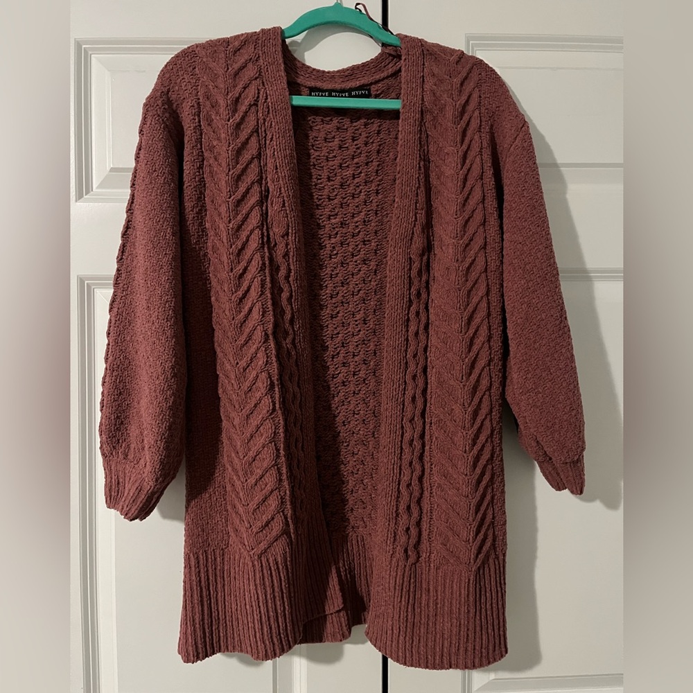 HYFVE Cable Knit Crochet Cardigan Sweater XS in Wine
